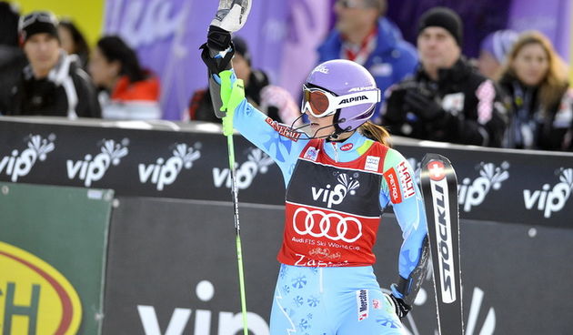 Zagreb, 040113.
Sljeme – Vip Snow Queen Trophy 2013.
Deveta slalomska utrka FIS Svjetskog kupa na Sljemenu za zene, prva voznja.
Na fotografiji: Tina Maze.
Foto: Damir Krajac / CROPIX