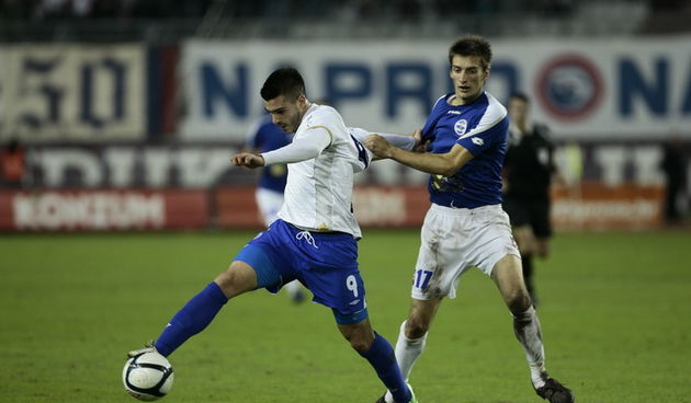 Split, 031112.
Stadion Poljud.
Susret 14. kola MAX tv Prve HNL izmedju NK Hajduk i NK Zadar.
Na fotografiji: Anton Maglica i Igor Banovic.
Foto: Vladimir Dugandzic / CROPIX