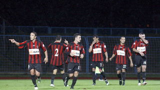 Cakovec, 200809.
Na gradskom stadionu Cakovec igra se prvenstvena utakmica T-com Prve HNL izmedju NK Medjimurje i NK Zadar.
Na fotografiji: Slavlje igraca Medjimurja nakon postignutog pogotka.
Foto: Andrej Svoger / Cropix