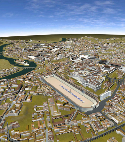 This image provided by the The Board of Visitors of the University of Virginia on Wednesday, Nov. 12, 2008 shows a 3D reconstruction of an aerial view of Rome with the ancient Circus Maximus in the center. Google Earth has added to its software a 3D simul