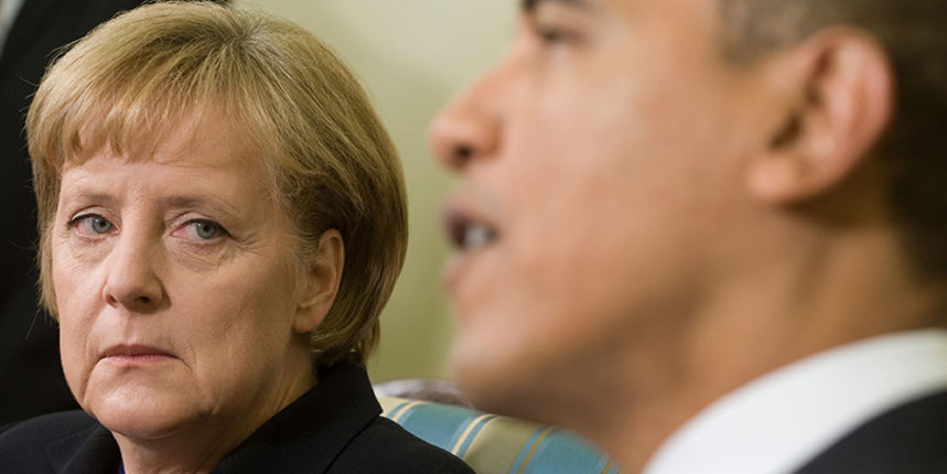 US President Barack Obama meets with German Chancellor Angela Merkel in the Oval Office of the White House in Washington, DC, November 3, 2009. Merkel, in her first US trip since winning a second term in September, was to address the US Congress on the fu
