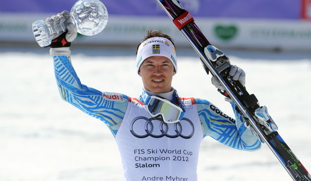 Schladming, 180312.
Zavrsnica Svjetskog kupa u skijanju, utrka muskog slaloma, Andre Myhrer svedski skijas, iskoristio lose voznje Kostelica i Hirschera te kao treci osvojio mali kristalni globus u slalomu.
Na slici: Andre Myhrer.
Foto: Drago Sopta / CROP