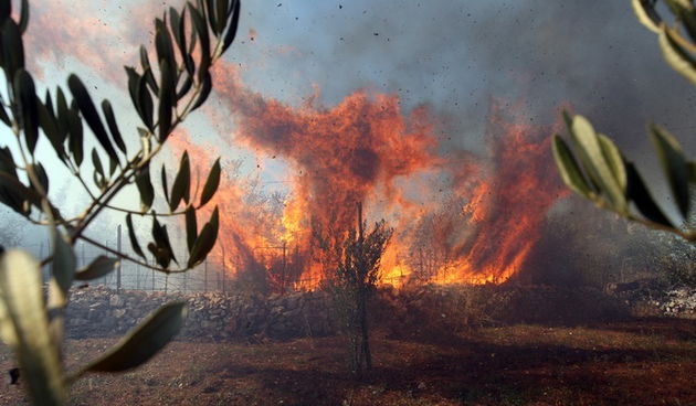 Zadar, 180712.  
Pozar u Smokovicu ponovno je aktivan.
Na terenu su djelatnici JVP Zadar, a pozvane su i zracne snage. Vatrogasci su branili kuce od pozara koji je zahvatio i neka dvorista.
Na fotografiji: detalj sa mjesta pozara.
Foto: Jure Miskovic / CR