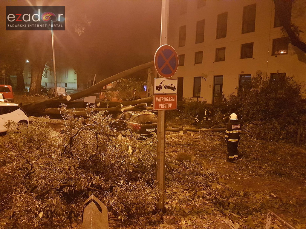 Jak vjetar srušio stablo na parkirane automobile kod OŠ Petar Preradović na Poluotoku