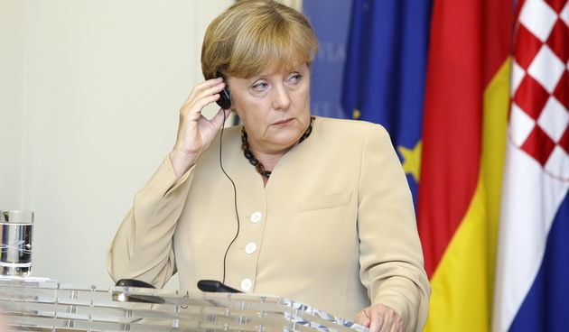 Zagreb, 220811.
Markov trg.
Banski dvori.
Na poziv predsjednice Vlade Republike Hrvatske Jadranke Kosor, danas je  u posjet Hrvatskoj dosla kancelarka Savezne Republike Njemacke Angela Merkel.
Na slici: Press konferencija.
Foto: Goran Mehkek / Cropix