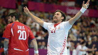 London, 310712.
Dvorana Copper Box.
Hrvatska muska rukometna reprezentacija igra utakmicu 2. kolo u skupini B protiv Srbije tokom Olimpijskih Igra u Londonu.
Na fotografiji: Ivan Cupic slavi nakon gola.
Foto: Drago Sopta / CROPIX