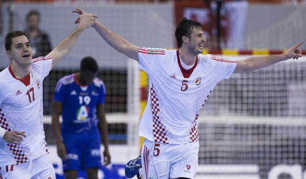 Zaragoza, Spanjolska, 230113.
Gradska dvorana Principe Felipe.
Svjetsko prvenstvo u rukometu za muskarce Spanjolska 2013.
Utakmica cetvrtfinala izmedju reprezentacija Hrvatske i Francuske.
Na fotografiji: slavlje hrvatskih igraca nakon pobjede – Domagoj D