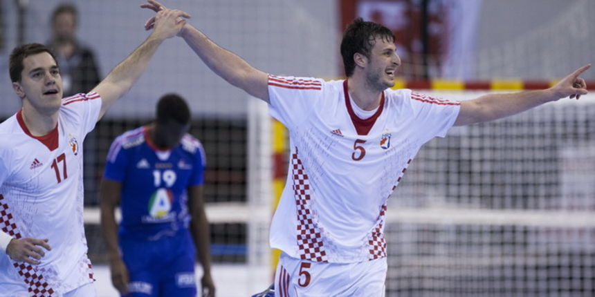 Zaragoza, Spanjolska, 230113.
Gradska dvorana Principe Felipe.
Svjetsko prvenstvo u rukometu za muskarce Spanjolska 2013.
Utakmica cetvrtfinala izmedju reprezentacija Hrvatske i Francuske.
Na fotografiji: slavlje hrvatskih igraca nakon pobjede – Domagoj D