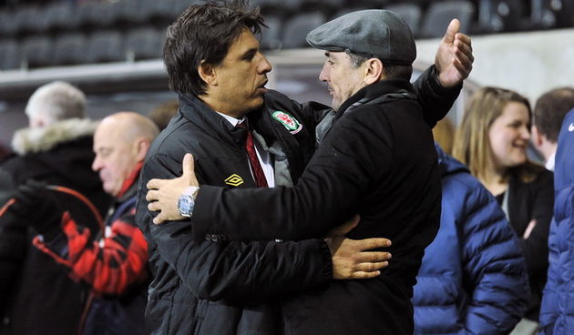 Swansea (Wales), 260313.
Stadion Liberty.
Kvalifikacijska utakmica za Svjetsko prvenstvo u Brazilu 2014. godine, izmedju reprezentacija Walesa i Hrvatske.
Na fotografiji: izbornici Chris Coleman i Igor Stimac.
Foto: Boris Kovacev / CROPIX