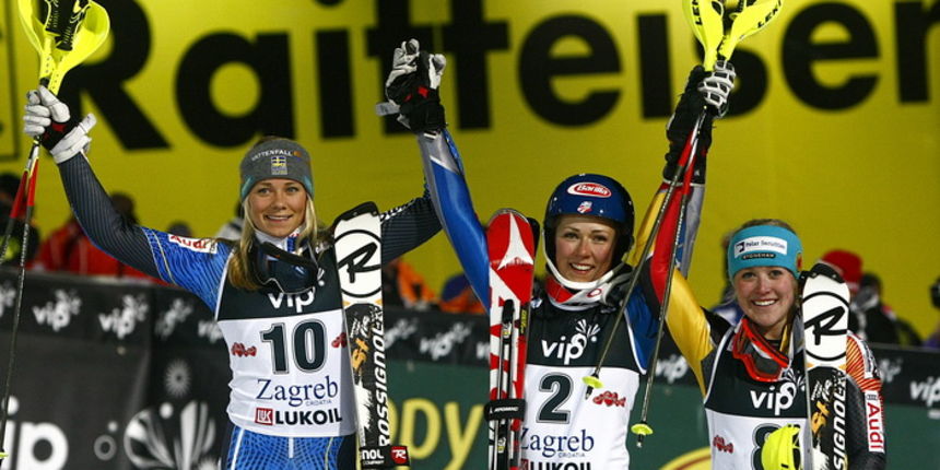 Zagreb, 040113.Sljeme – Vip Snow Queen Trophy 2013.Pobjednice devete slalomske utrke FIS Svjetskog kupa na Sljemenu za zene.Na fotografiji: Frida Hansdotter (2. mjesto), Mikaela Shiffrin (1. mjesto) i Erin Mielzynski (3. mjesto).Foto: Ronald Gorsic / Zagreb, 040113.Sljeme – Vip Snow Queen Trophy 2013.Pobjednice devete slalomske utrke FIS Svjetskog kupa na Sljemenu za zene.Na fotografiji: Frida Hansdotter (2. mjesto), Mikaela Shiffrin (1. mjesto) i Erin Mielzynski (3. mjesto).Foto: Ronald Gorsic /