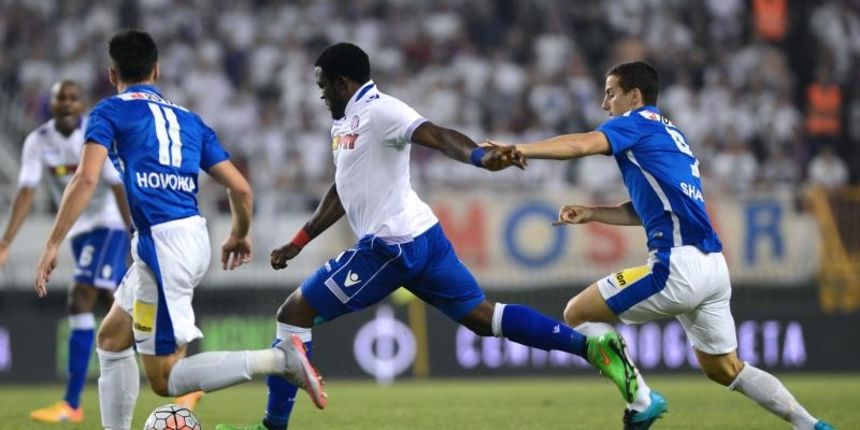 27.08.2015., stadion Poljud, Split – Uzvratna utakmica doigravanja za Europsku ligu, HNK Hajduk – FC Slovan Liberec. Franck Ohanza, Herolind Shala. Photo: Marko Prpic/PIXSELL