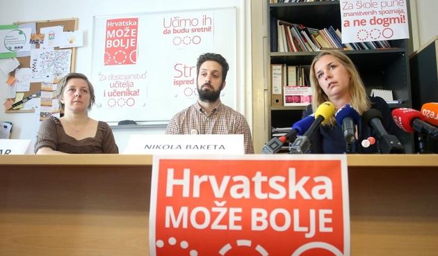 Konferencija za novinare inicijative Hrvatska moze bolje o prosvjedu i kurikularnoj reformi. Ida Lohor, Nikola Baketa, Eli Pijaca Plavsic. Photo: Igor Kralj/PIXSELL