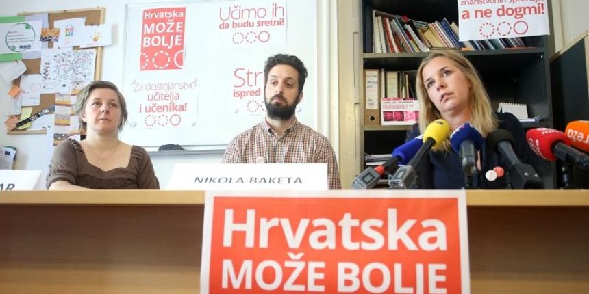 Konferencija za novinare inicijative Hrvatska moze bolje o prosvjedu i kurikularnoj reformi. Ida Lohor, Nikola Baketa, Eli Pijaca Plavsic. Photo: Igor Kralj/PIXSELL