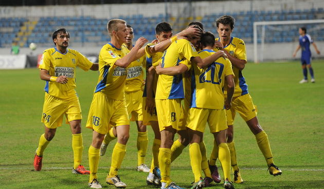 Zadar, 220912
Stadion na Stanovima.
Nogometna utakmica 9. kola 1. HNL izmedju NK Zadar i NK Inter.
Na fotografiji: slavlje igraca Intera nakon drugog pogotka Ante Budimira
Foto: Luka Gerlanc / CROPIX