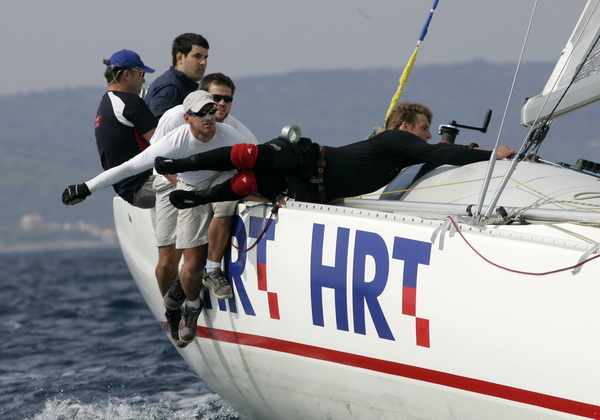 Split, 160909.
Danas je flotnim plovom zapoceo 23. ACI Match Race kup. 
Na fotografiji: posada kormilara Zvonka Jelacica.
Foto: Jakov Prkic / CROPIX