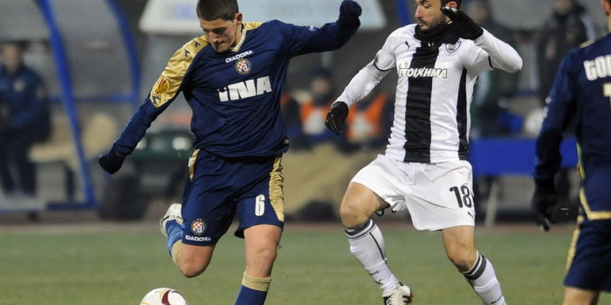 Zagreb, 151210. Stadion Maksimir.  Euroliga, nogometna utakmica 6. kola skupine D,  susret izmedju NK Dinama i grckog PAOK-a F. C. Na slici: Adrian Ademi, Giorgos Fotakis. Foto: Damir Krajac / CROPIX