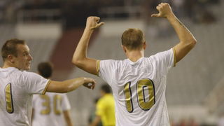 Split,190810.
Stadion Poljud.
Nogometna utakmica kvalifikacija za europsku ligu izmedju Hajduka i Unirea.
Na fotografiji: Senijad Ibricic slavi pogodak za hajduk.
Foto: Duje Klaric / CROPIX