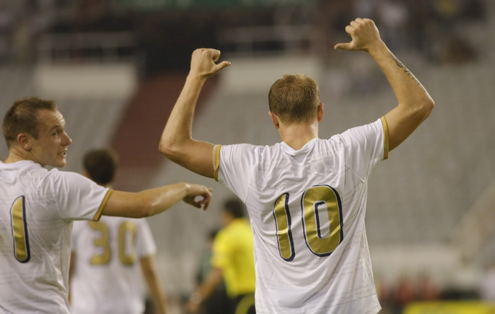 Split,190810.
Stadion Poljud.
Nogometna utakmica kvalifikacija za europsku ligu izmedju Hajduka i Unirea.
Na fotografiji: Senijad Ibricic slavi pogodak za hajduk.
Foto: Duje Klaric / CROPIX