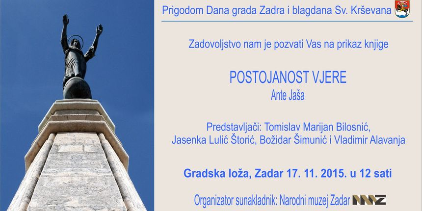 Predstavljanje knjige Ante Jaše “Postojanost vjere” 17. studenog u Gradskoj loži Predstavljanje knjige Ante Jaše “Postojanost vjere” 17. studenog u Gradskoj loži