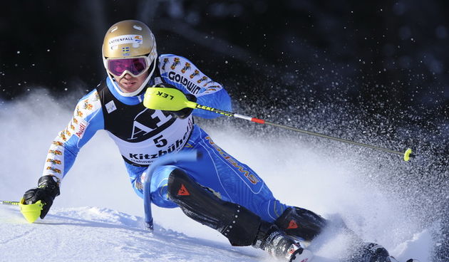 Kitzbuhel, 230111.
Fis Audi World Cup, Svjetski skijaski kup u Kitzbuhelu, slalomska utrka, koja se ujedno racuna za klasicnu kombinaciju sa jucerasnjim spustom na Streifu. 
Na slici: Andre Myhrer svedski skijas na stazi.
Foto: Drago Sopta / CROPIX