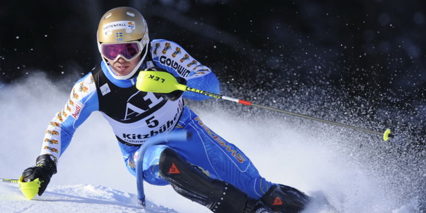 Kitzbuhel, 230111.
Fis Audi World Cup, Svjetski skijaski kup u Kitzbuhelu, slalomska utrka, koja se ujedno racuna za klasicnu kombinaciju sa jucerasnjim spustom na Streifu. 
Na slici: Andre Myhrer svedski skijas na stazi.
Foto: Drago Sopta / CROPIX