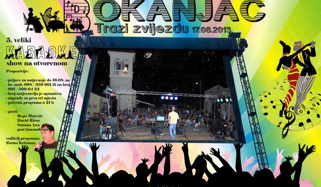 The figure representing dark blue silhouettes of dancing people on a multi-color background with strips