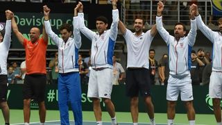 Davis Cup: Fešta nakon pobjede Marina Čilića nad Richardom Gasquetom i osiguranog plasmana u finale Davis Cupa. Photo: Hrvoje Jelavić/PIXSELL