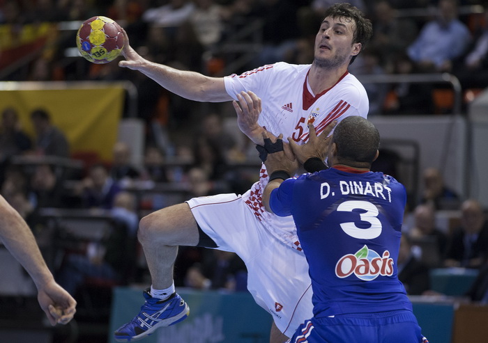 Zaragoza, Spanjolska, 230113.
Gradska dvorana Principe Felipe.
Svjetsko prvenstvo u rukometu za muskarce Spanjolska 2013.
Utakmica cetvrtfinala izmedju reprezentacija Hrvatske i Francuske.
Na fotografiji: Domagoj Duvnjak.
Foto: Ante Cizmic / CROPIX