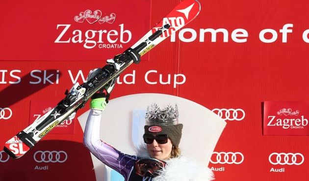 VIP Snow Queen Trophy, jubilarno 10. izdanje zenske utrke Snjezne kraljice. Mikaela Shiffrin slavi pobjedu. Photo: Zeljko Lukunic/PIXSELL