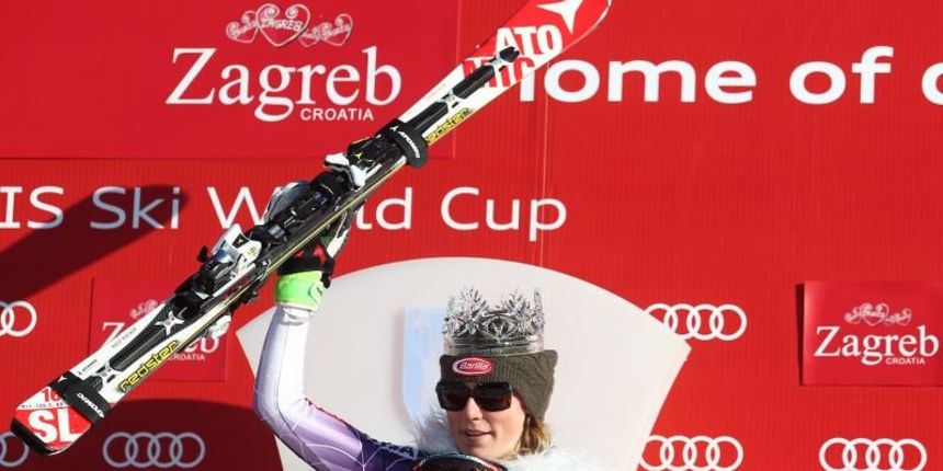 VIP Snow Queen Trophy, jubilarno 10. izdanje zenske utrke Snjezne kraljice. Mikaela Shiffrin slavi pobjedu. Photo: Zeljko Lukunic/PIXSELL
