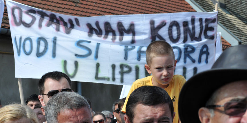 Djakovo, 010810. Mirni prosvjed djakovcana protiv propajanja drzavne ergele lipicanaca u Djakovu Hrvatskom konjogojskom centru u Lipiku. Foto: Damir Glibusic / CROPIX