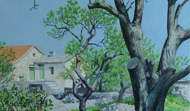 Ana Bošković Freund, Bajami na selu, ulje na panelu, 25,5×25,5 cm