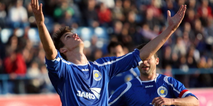 Zadar, 030410.
Stadion Stanovi.
Nogometna utakmica 1. HNL-a izmedju Zadra i Osijeka.
Na fotografiji:  Ivan Santini slavi pogodak
Foto: Vladimir Ivanov / CROPIX