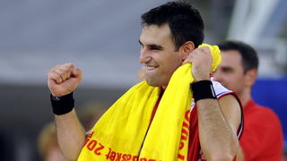 Bydgoszcz, 150909.
Dvorana Sport Arena Luczniczka.
Europsko prvenstvo u kosarci u Poljskoj, drugi krug natjecanja po skupinama 3. kolo grupe E, utakmica izmedju Hrvatske i Njemacke odlucujuca za ulazak u cetvrtfinale.
Na slici: Marko Popovic slavi nakon p