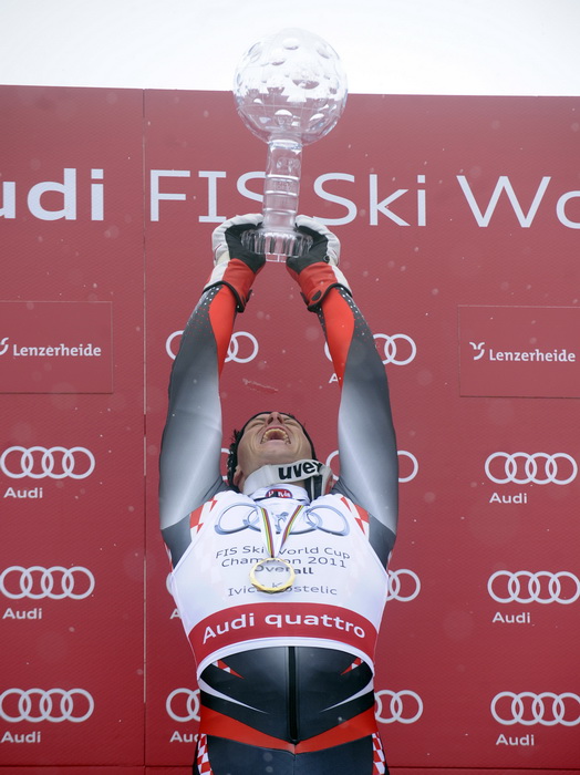 Lenzerheide, 190311.
Zavrsnica Svjetskog skijaskog kupa u skijanju u svicarskom mjestu Lenzerheide, Ivica Kostelic kao najbolji skijas u ukupnom poretku osvajac velikog kristalnog globusa. 
Na slici: Ivica Kostelic.
Foto: Drago Sopta / CROPIX