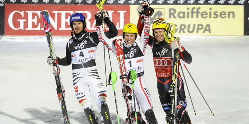 Zagreb, 050112.
Sljeme – Vip Snow Queen Trophy 2012.
Slalomska utrka FIS Svjetskog kupa na Sljemenu za muskarce.
Na slici: drugoplasirani  Njemac Neureuther Felix, prvoplasirani Austrijanac Marcel Hirscher i treceplasirani Ivica Kostelic. 
Foto: Damir Kra