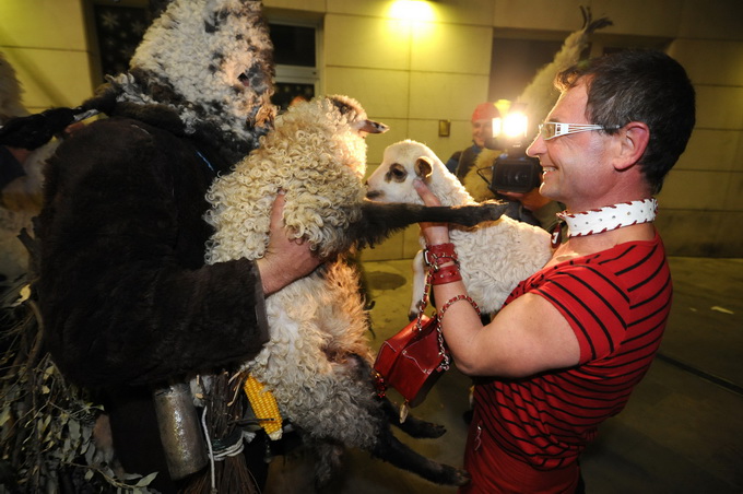Zadar, 280212
Zadarski modni macak, Jadranko Kljucanin, veceras je unutar i ispred kafica Petit izveo performans sa sukosanskim zvoncarima i njihovim janjcima. 
Foto: Luka Gerlanc / CROPIX
