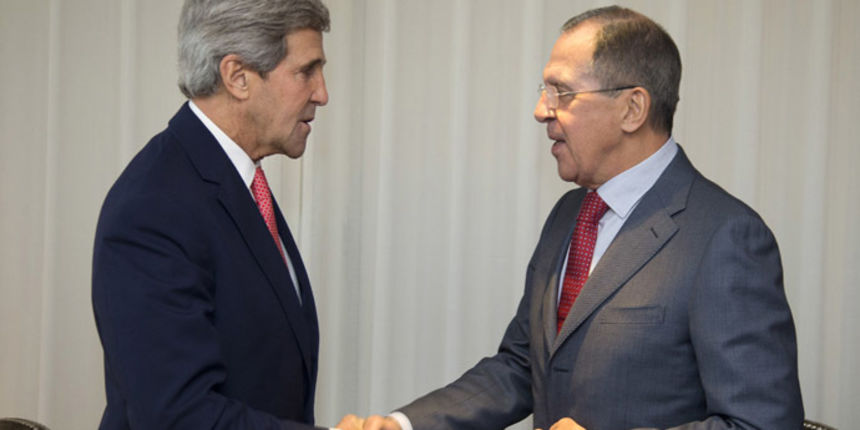 U.S. Secretary of State John Kerry (L) and Russia’s Foreign Minister Sergei Lavrov shake hands during a photo opportunity prior to their meeting, in Geneva November 23, 2013. Kerry arrived in Geneva on Saturday to join talks on Iran’s contested nuclear pr U.S. Secretary of State John Kerry (L) and Russia’s Foreign Minister Sergei Lavrov shake hands during a photo opportunity prior to their meeting, in Geneva November 23, 2013. Kerry arrived in Geneva on Saturday to join talks on Iran’s contested nuclear pr