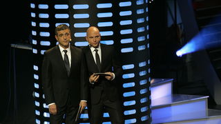 Zagreb, 051110.
Studio 2 Jadran filma, Oporovecka 12. 
Supertalent show Nove TV.
Na slici: voditelji Igor Mesin i Rene Bitorajac.
Foto: Ranko Suvar / CROPIX