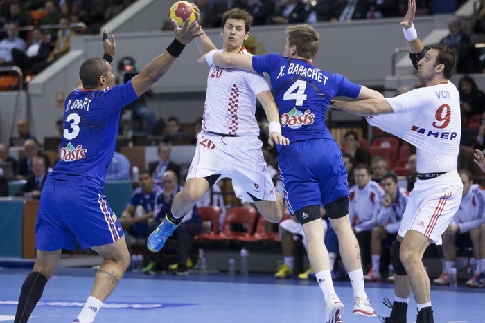 Zaragoza, Spanjolska, 230113.
Gradska dvorana Principe Felipe.
Svjetsko prvenstvo u rukometu za muskarce Spanjolska 2013.
Utakmica cetvrtfinala izmedju reprezentacija Hrvatske i Francuske.
Na fotografiji: detalj s utakmice.
Foto: Ante Cizmic / CROPIX