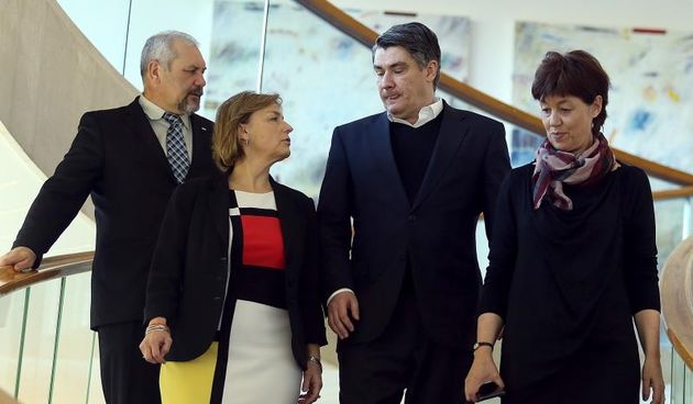 Predstavnici koalicije Hrvatska raste dosli su na pregovore. Zoran Milanovic, Vesna Pusic, Silvano Hrelja, Nansi Tireli. Photo: Goran Stanzl/PIXSELL