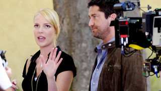 21157, LOS ANGELES, CALIFORNIA, Monday April 14 2008. A very happy Katherine Heigl and Gerard Butler on the set of their new movie ‘The Ugly Truth”. The pair were seen laughing and joking and obviously enjoy working together. Katherine was in very high sp