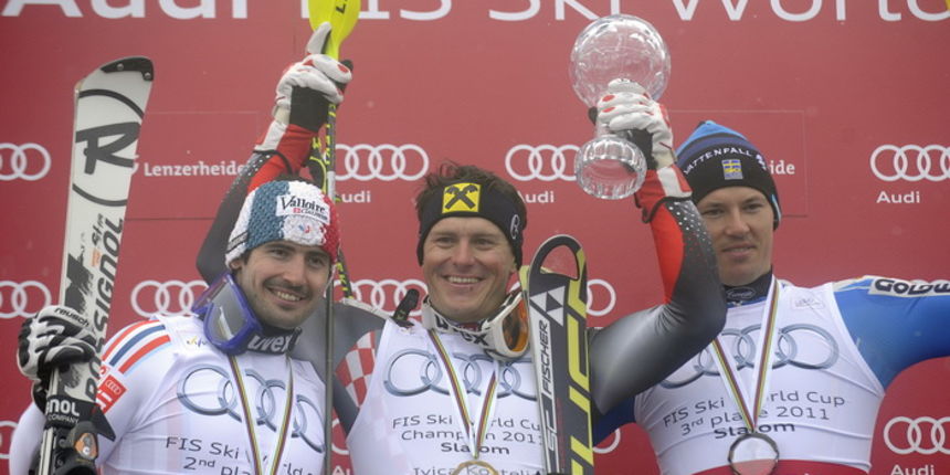 Lenzerheide, 190311.
Zavrsnica Svjetskog skijaskog kupa u skijanju u svicarskom mjestu Lenzerheide, postolje ukupnog poretka za muski slalom.
Na slici: s lijeva Jean Baptiste Grangefrancuski skijas, Ivica Kostelic i Andre Myhrer svedjanin.
Foto: Drago Sop