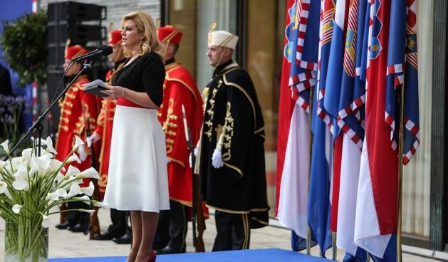Prijem kod predsjednice Republike Hrvatske Kolinde Grabar Kitarovic povodom Dana drzavnosti. Pljusak je rastjerao uzvanike odmah nakon govora predsjednice.