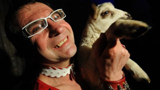 Zadar, 280212
Zadarski modni macak, Jadranko Kljucanin, veceras je unutar i ispred kafica Petit izveo performans sa sukosanskim zvoncarima i njihovim janjcima. 
Foto: Luka Gerlanc / CROPIX