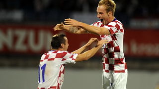 Zagreb, 050909.Stadion Maksimir, kvalifikacijska utakmica skupine 6 za Svjetsko nogometno prvenstvo u Juznoafrickoj Republici, susret reprezentacija Hrvatske i Bjelorusije.Na slici: Srna , Raketic slavlje.Foto: Damir Krajac / CROPIX
