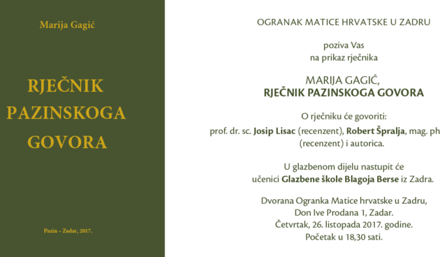 Matica hrvatska predstavlja Rječnik pazinskoga govora