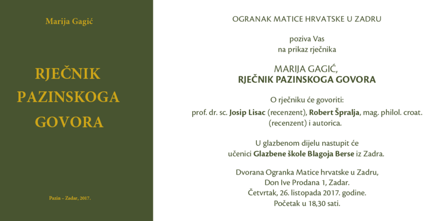 Matica hrvatska predstavlja Rječnik pazinskoga govora