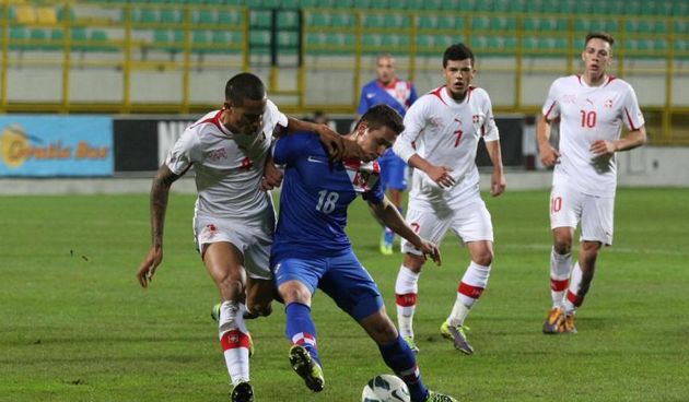 14.11.2013., stadion Aldo Dorsina, Pula – Kvalifikacijska utakmica skupine 5 za U-21 Europsko prvenstvo u Ceskoj 2015, Hrvatska – Svicarska. Marko Pjaca, Darko Jevtic, Leo Lacroix, Michael Frey. Photo: Dusko Marusic/PIXSELL