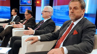 Zagreb, 221209.  Prisavlje 13, studio HRT-a. Suceljavanje predsjednickih kandidata. Na slici:  Dragan Primorac,  Damir Kajin, Ivo Josipovic, Milan Bandic. Foto: Damir Krajac / CROPIX